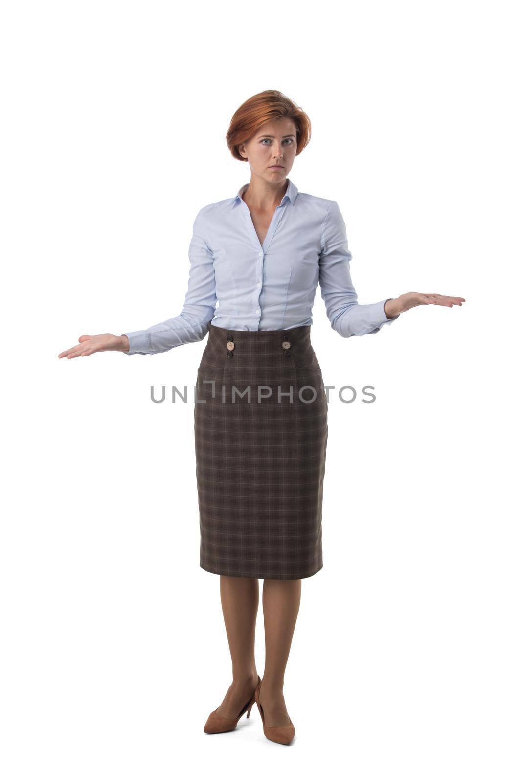 Confused business woman shrug shoulders, full length portrait isolated on white background