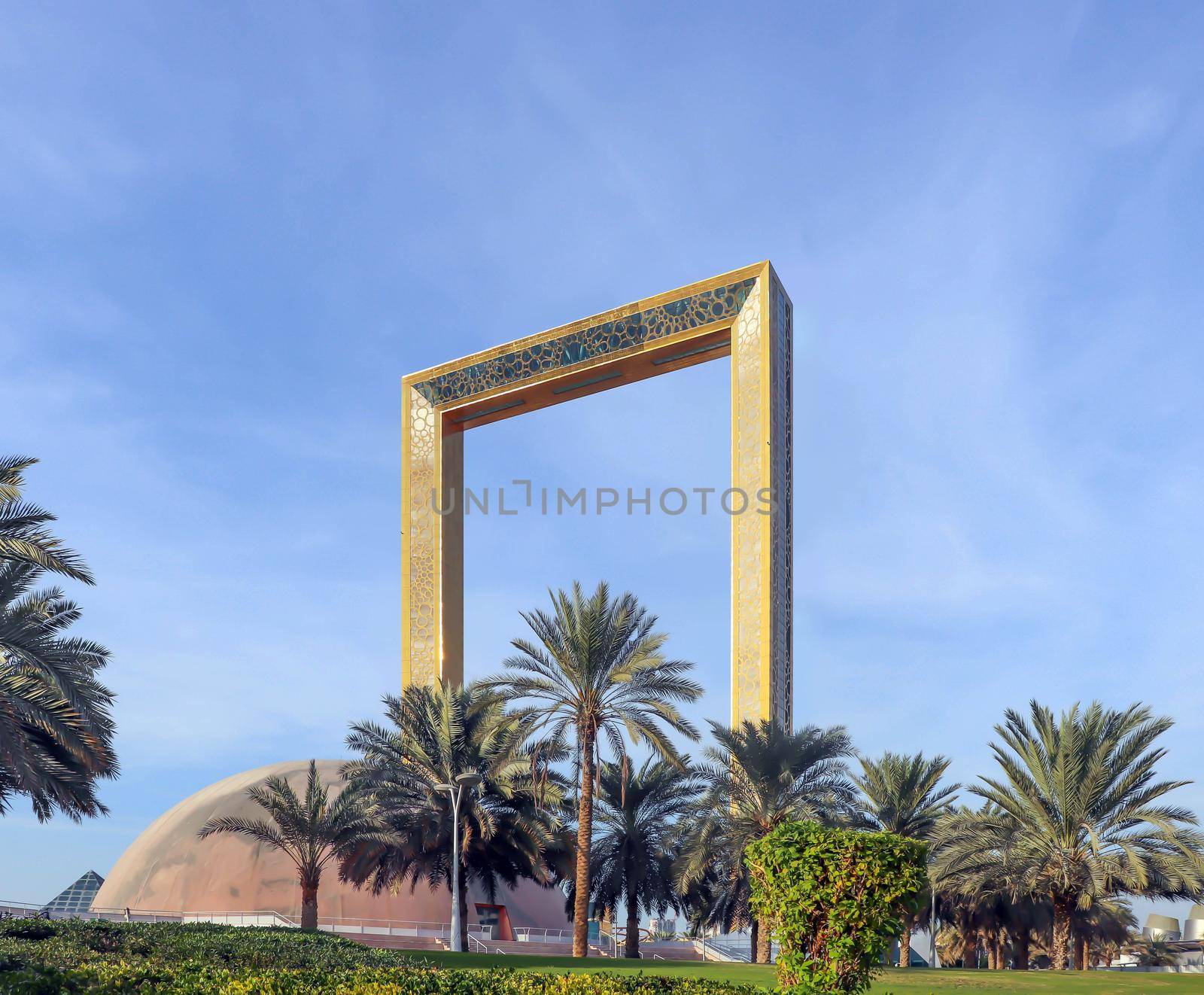 Dubai, UAE December 25 2018 Urbanistic backdrop. UAE. Dubai Frame perspective.