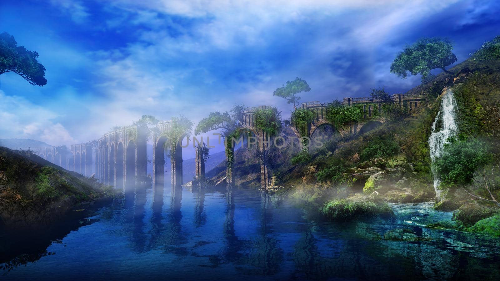 Colorful fantastic landscape with an aqueduct over the river and a waterfall in a mountainous area. 3D render.