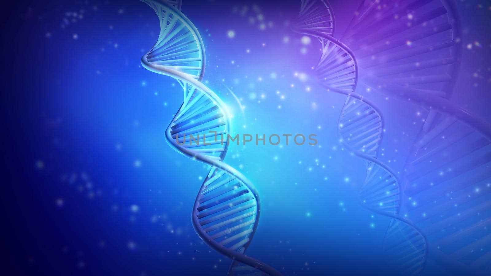 Computer model of DNA strands on a blue background. 3D render.