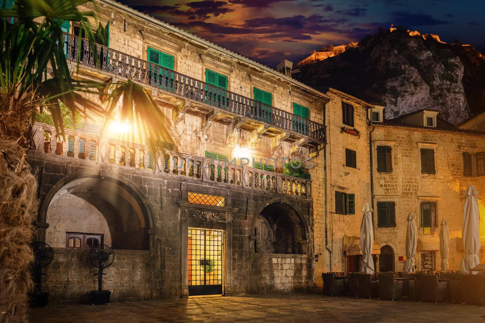Cafe near Palace of Pima Family at night in Kotor, Montenegro