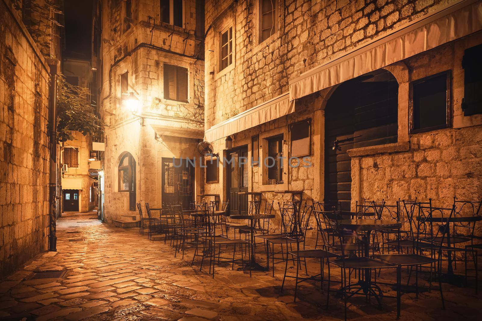 Street cafe in Old Town of Kotor at night