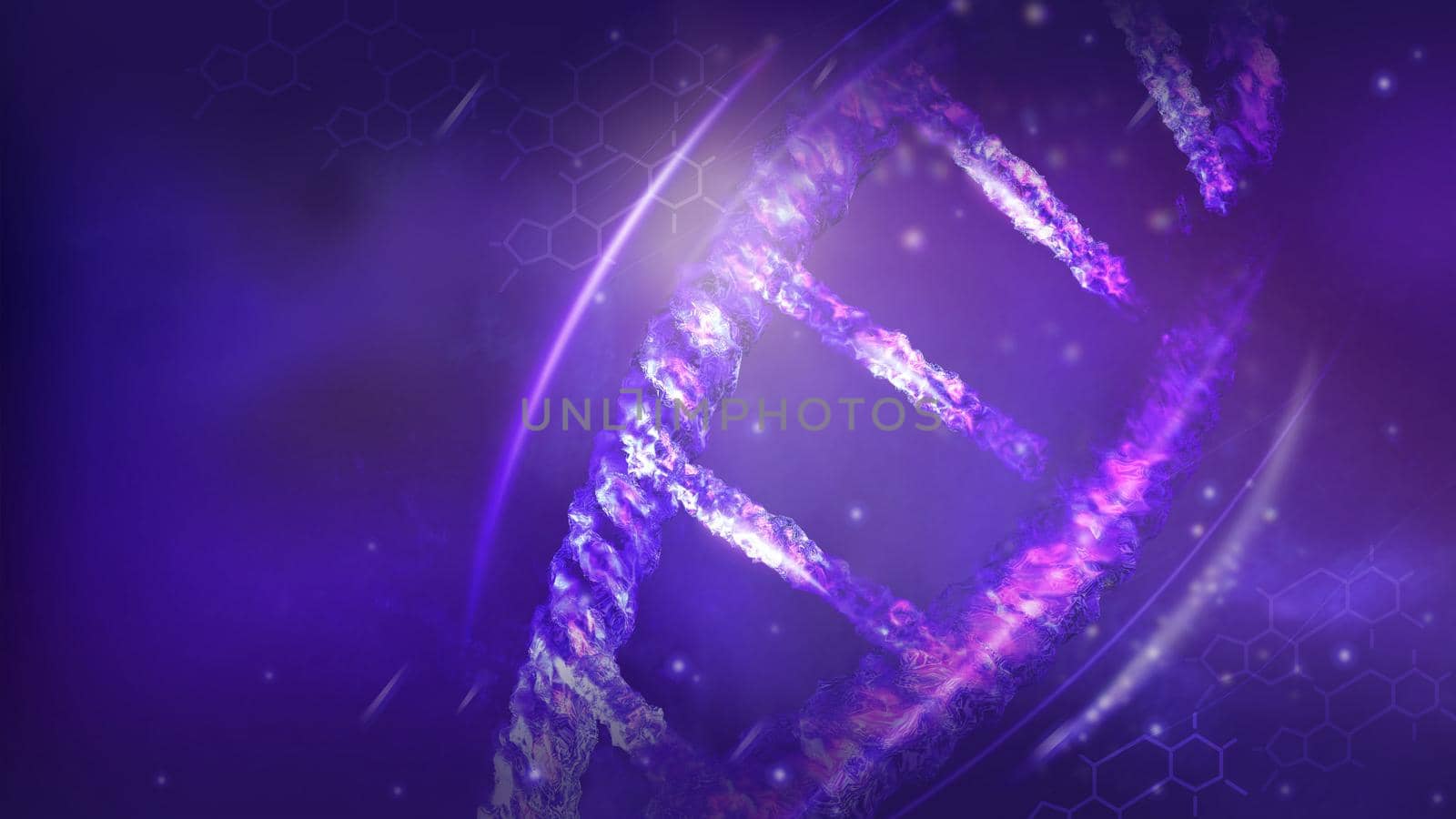 Computer model of DNA structure close-up in violet colors. 3D render.