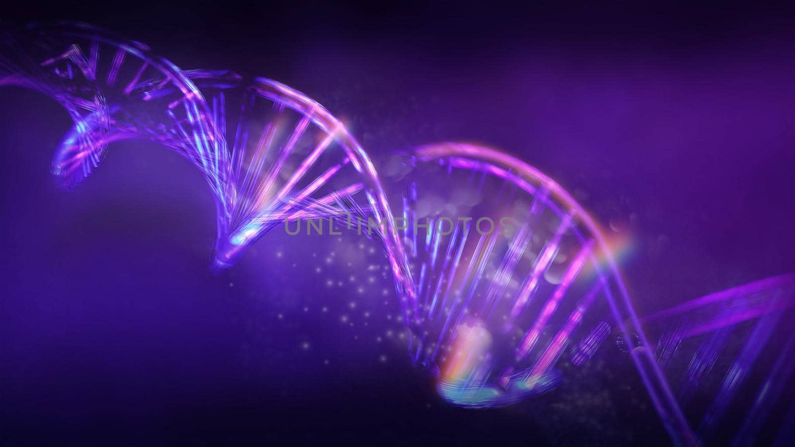 Luminous DNA strands on a dark violet background, 3D render. by ConceptCafe