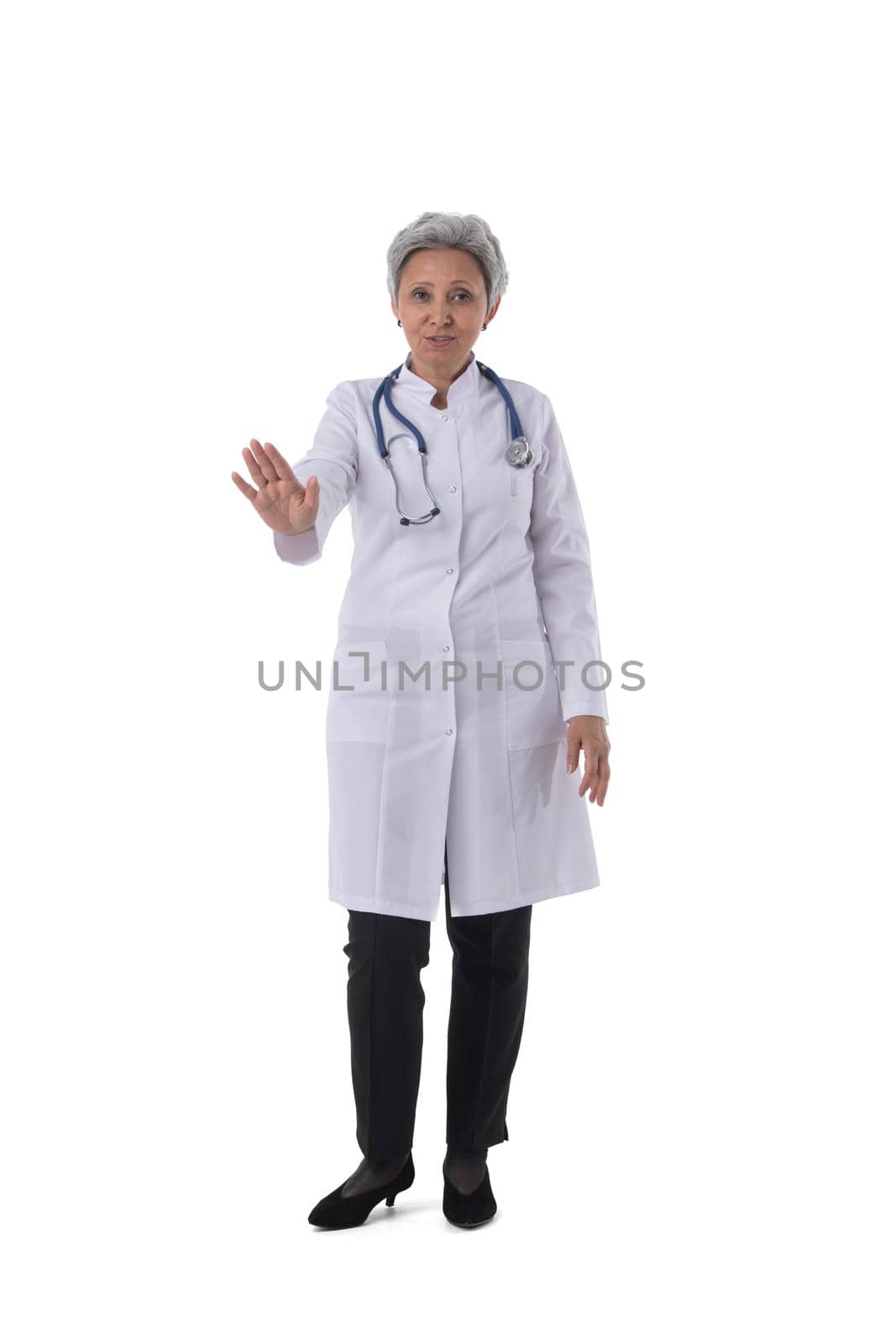 Asian doctor woman showing stop gesture, full length portrait isolated on white background