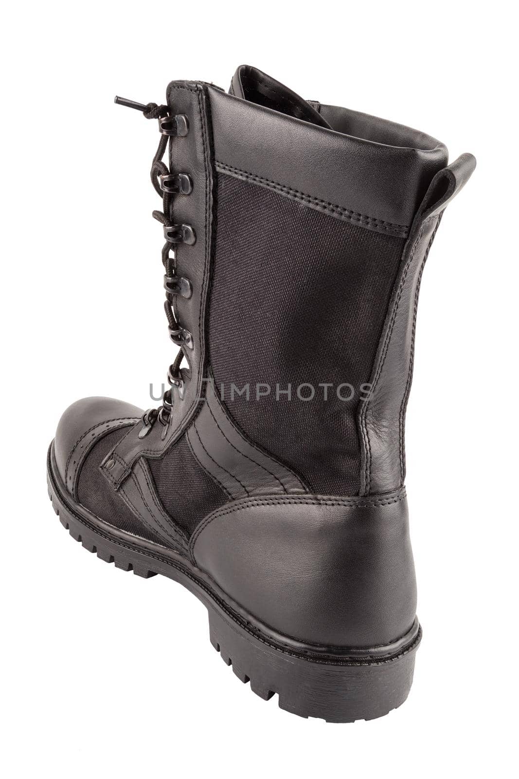 new black lightweight military boot isolated on white background, standing vertically, view from back.