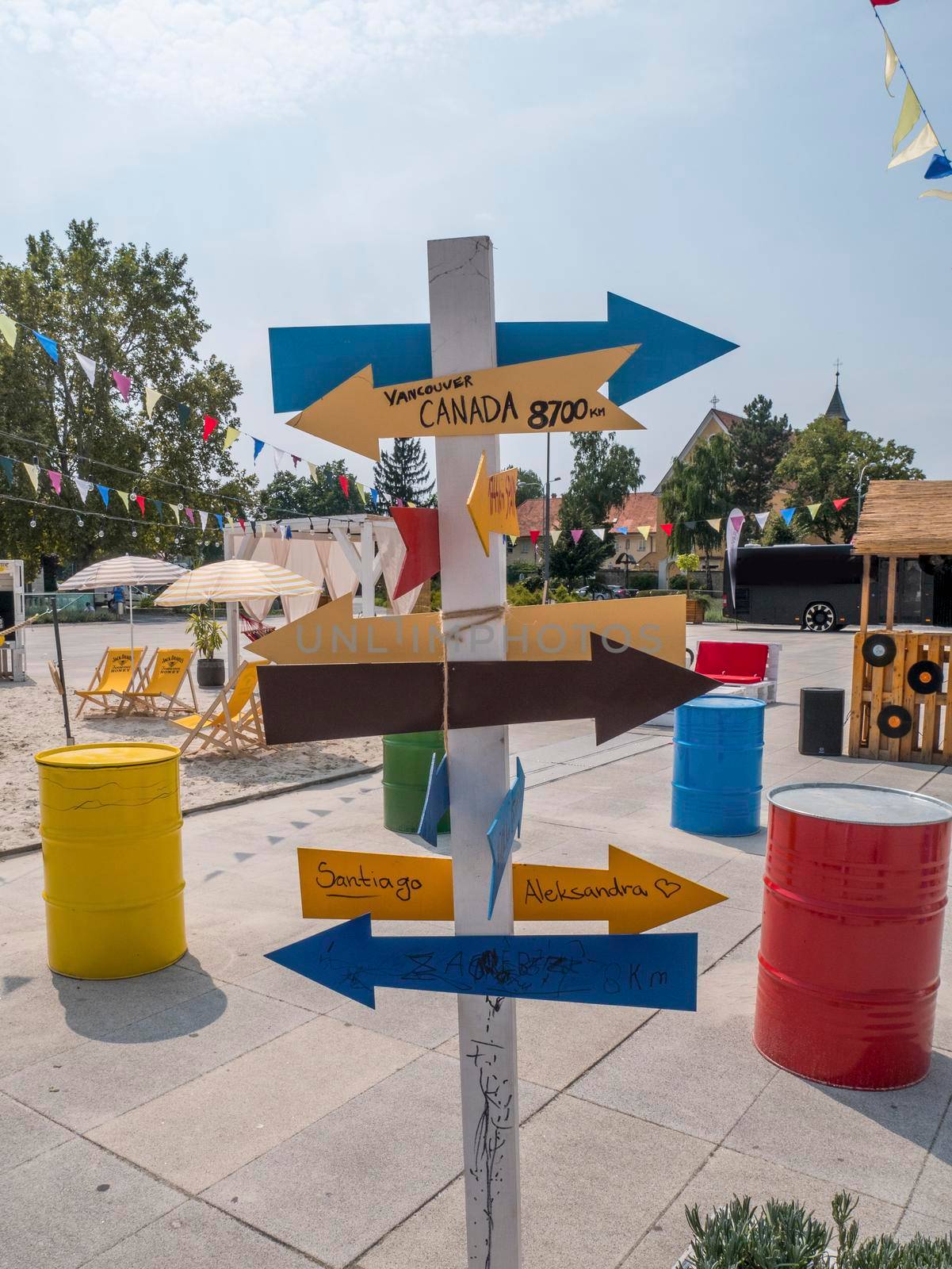 Funny and collored signposts  on Capuchin Square, Varazdin, Spancirfest 2019.Špancirfest
