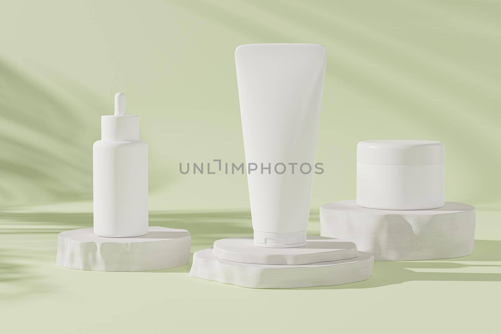 Mockup dropper bottle, lotion tube and cream jar for cosmetics products or advertising on pastel green background, 3d illustration render