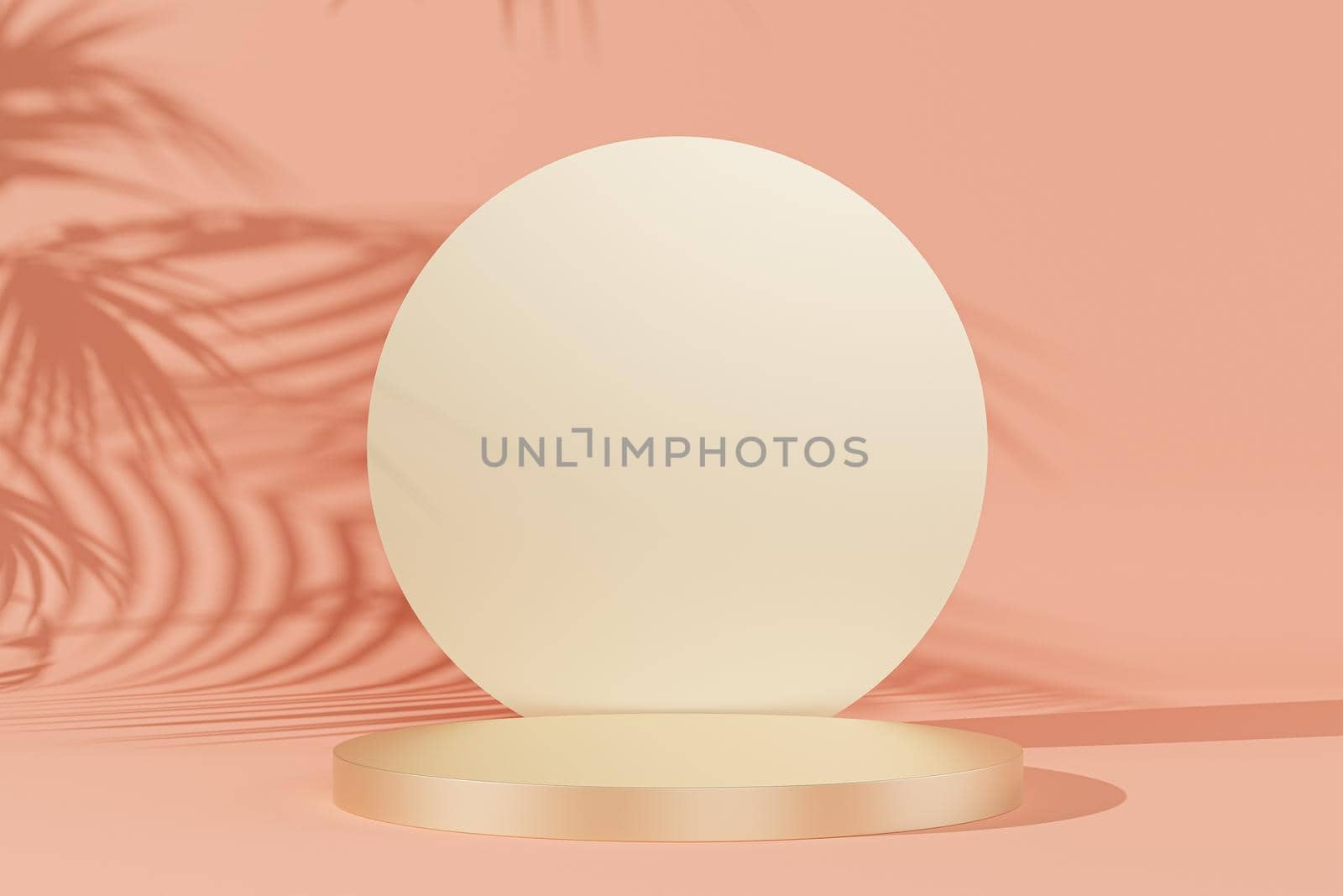 Golden podium or pedestal for products or advertising on peach pink background with leaves shadows, 3d illustration render