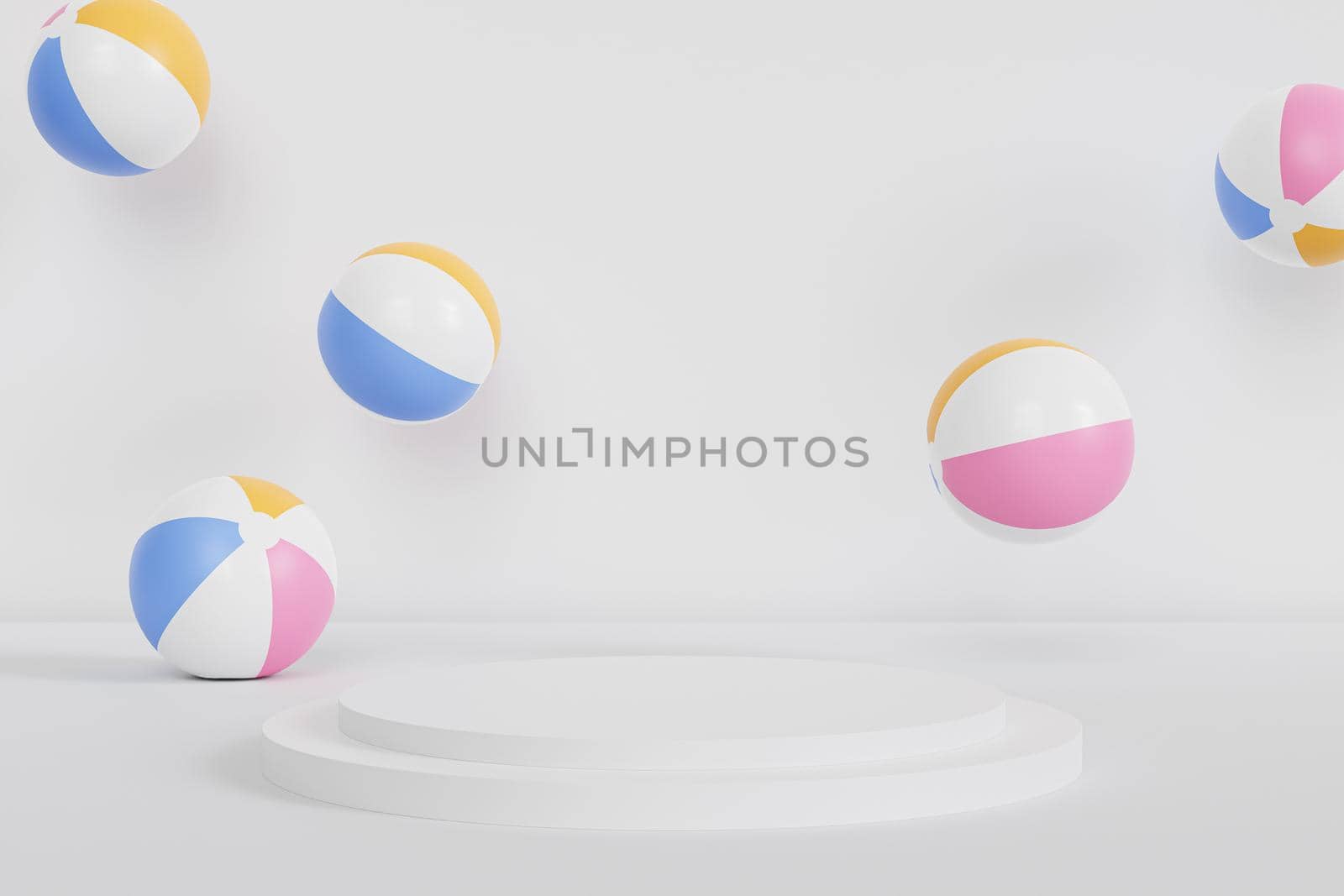Podium or pedestal for products or advertising with inflatable beach balls on white background, summer minimal 3d render