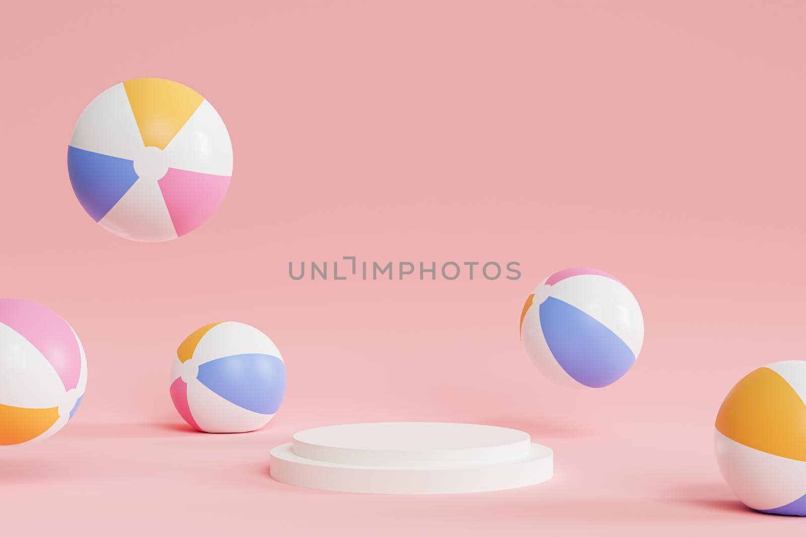 Podium or pedestal for products or advertising with inflatable beach balls on pink background, summer minimal 3d illustration render