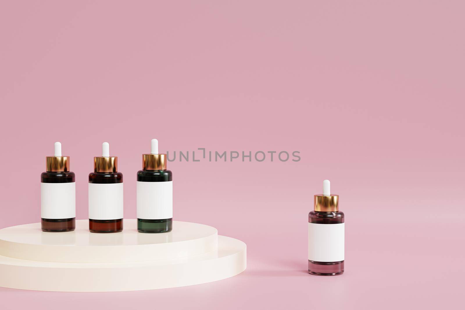 Mockup dropper bottles with label for cosmetics products or advertising on pink background, 3d illustration render