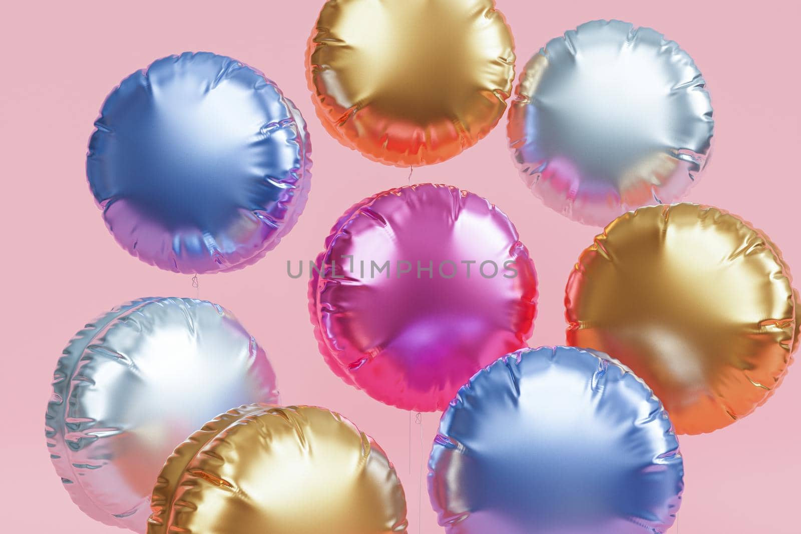 Shiny colorful balloons, pink background for party, birthday, celebration or holiday, 3d realistic render