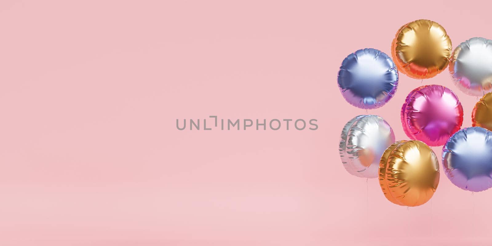 Shiny colorful balloons, pink banner background with copy space for party, birthday, celebration or holiday, 3d realistic render