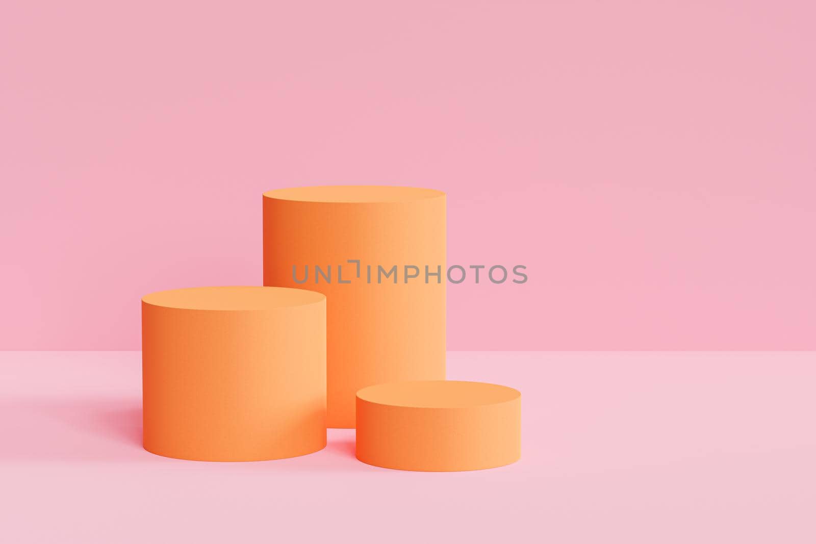 Orange podiums or pedestals for products or advertising on pastel pink background, 3d illustration render