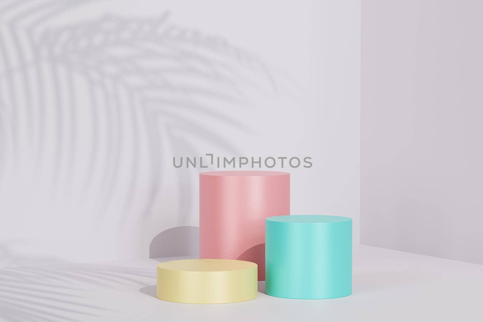 Colorful podiums or pedestals for products or advertising on beige pastel background with tropical leaf shadow, minimal 3d render