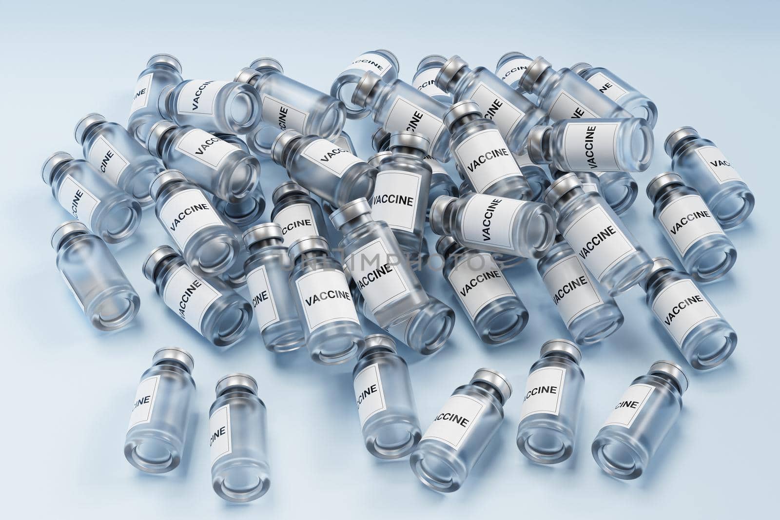 Stattered pile of vaccine ampoule glass bottles with label isolated on bright background, 3d rendering by Frostroomhead