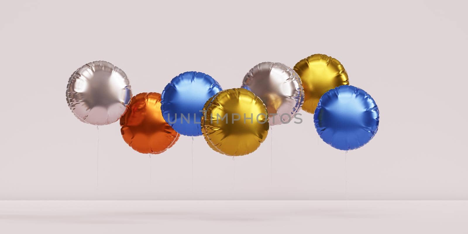 Shiny colorful balloons, beige banner background for party, birthday, celebration or holiday, 3d realistic render