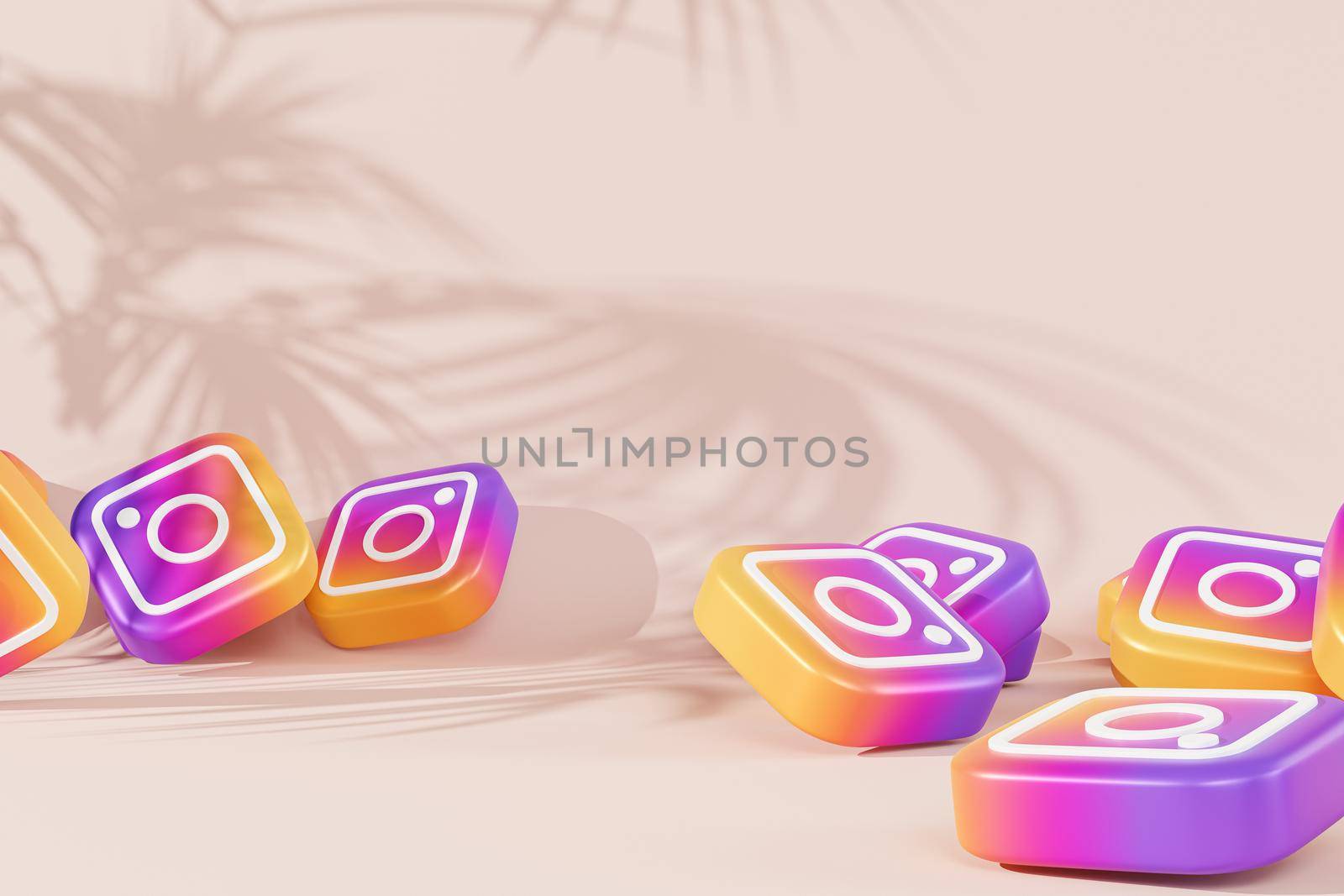 Melitopol, Ukraine - May 27 2021:  Instagram logo icons, photography social media app, beige background with tropical leaves shadows, 3d render