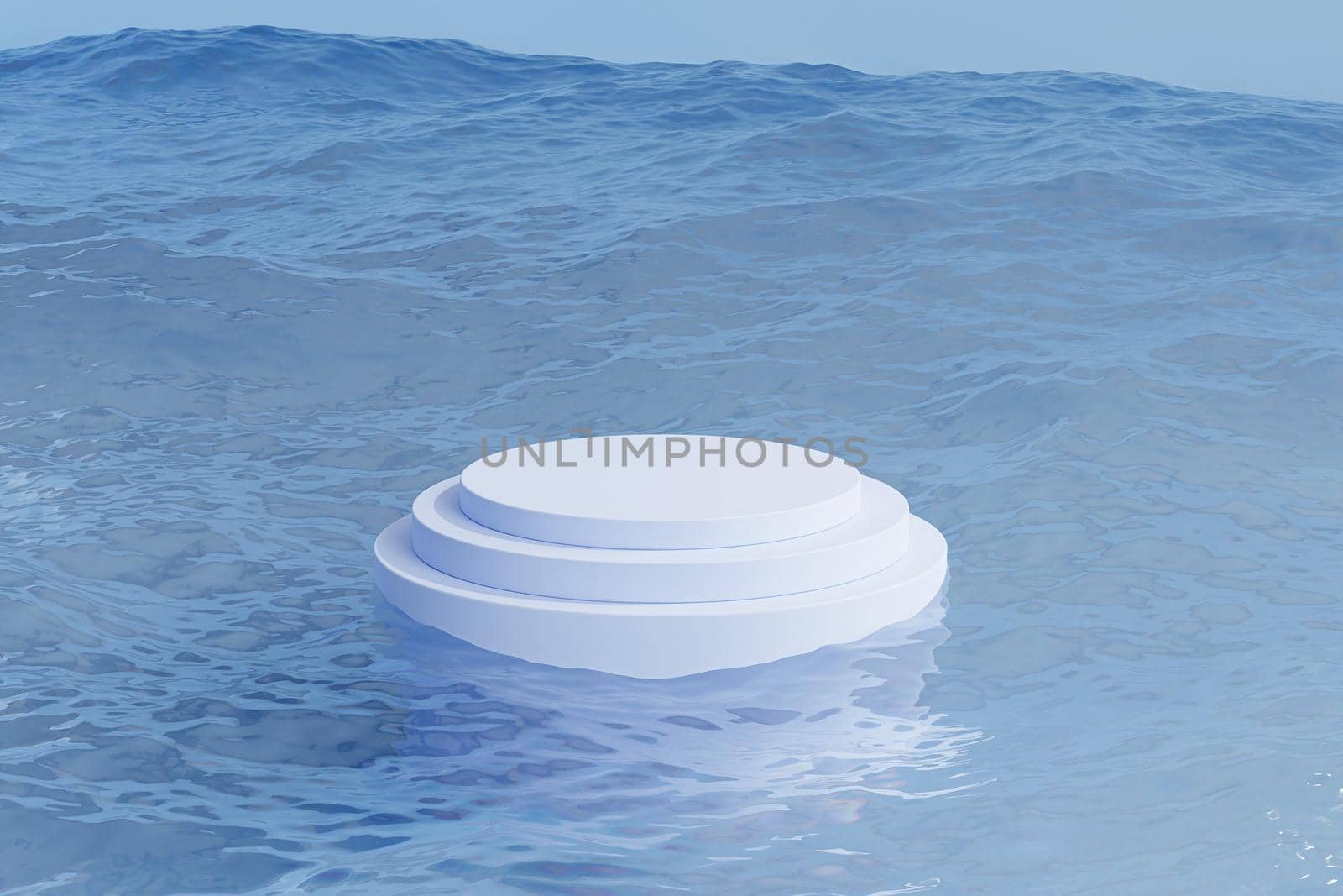 Podium or pedestal for products or advertising on blue background with sea waves, minimal 3d illustration render