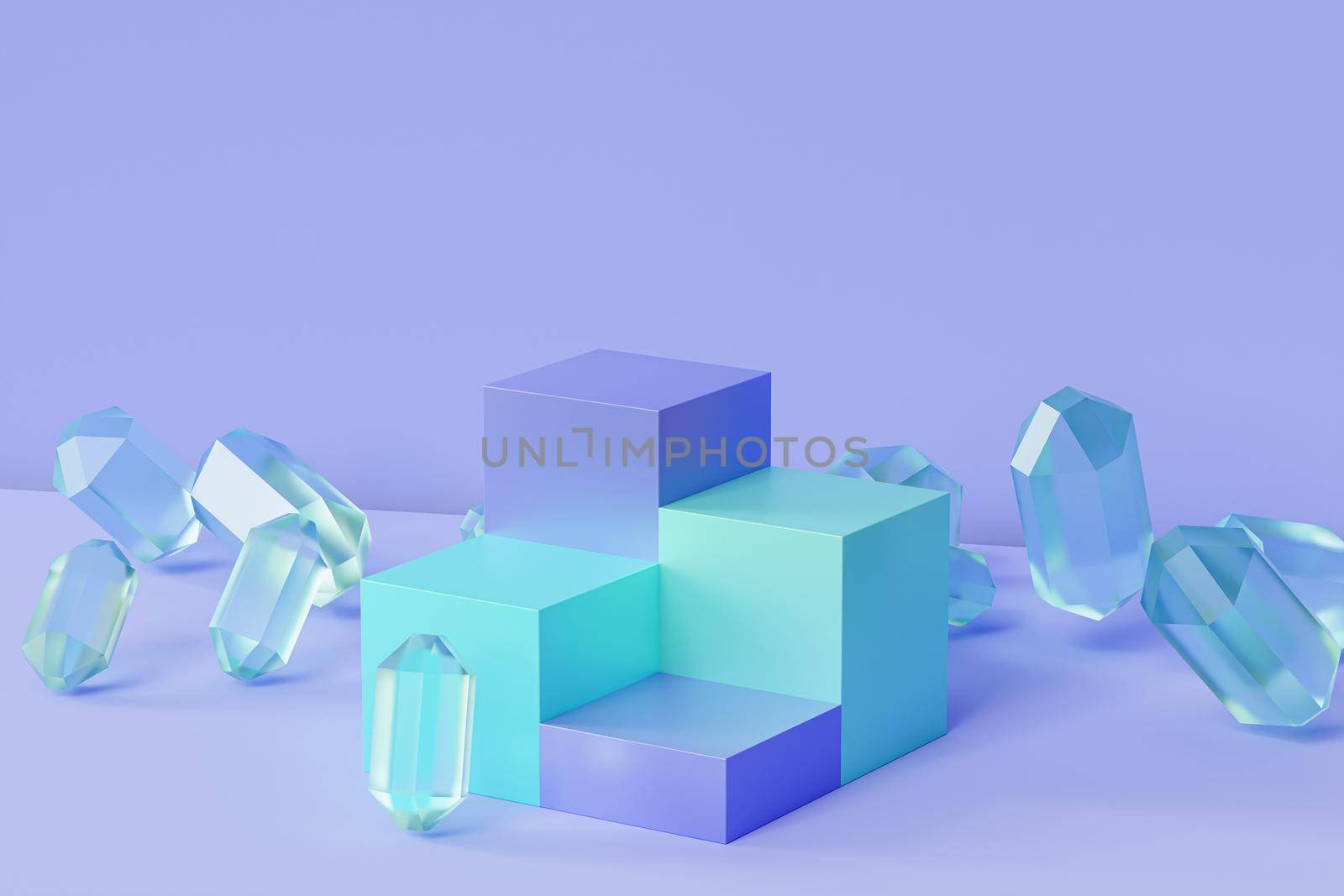 Blue mint podiums or pedestals for products or advertising with glass crystals on pastel background, minimal 3d illustration render