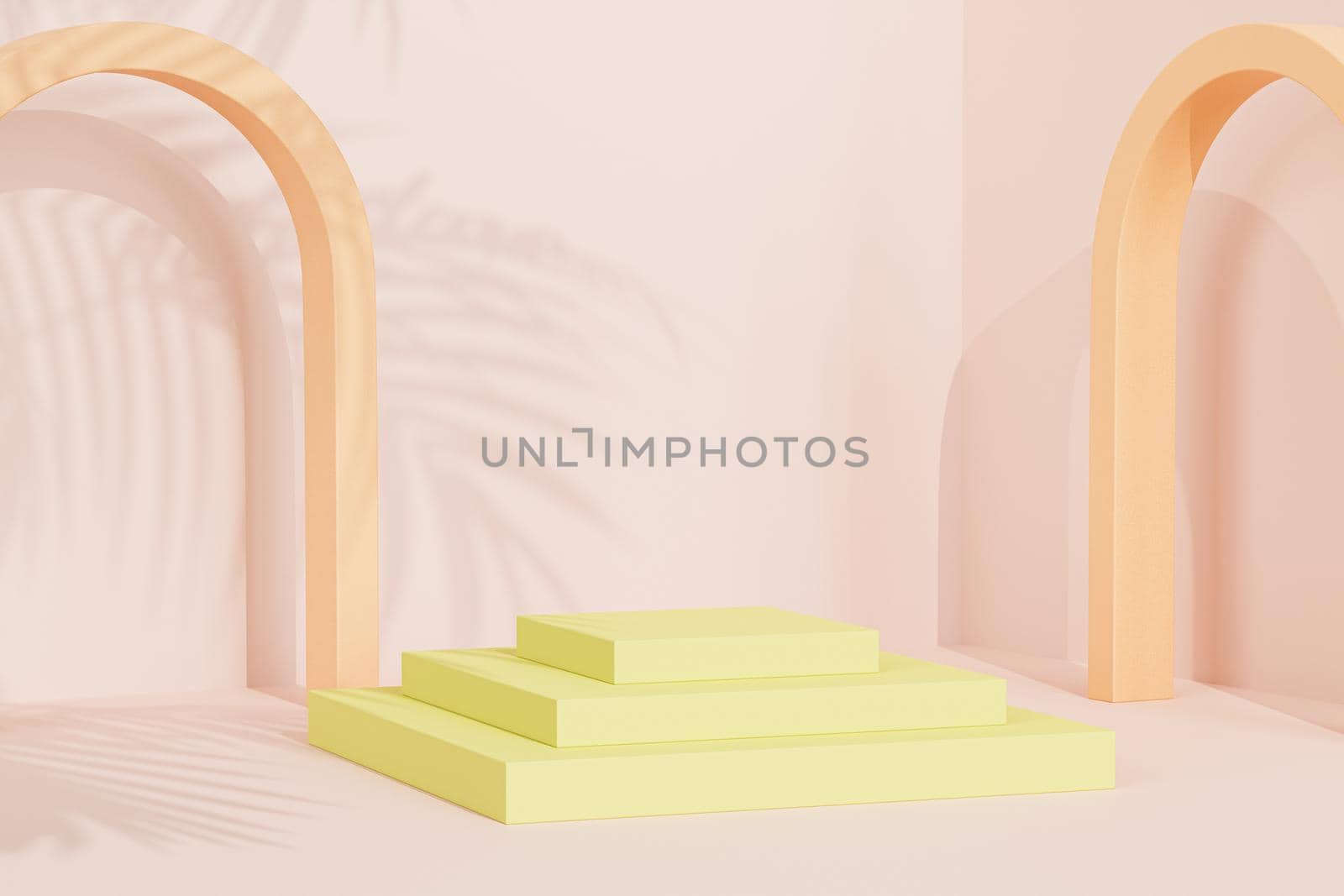 Podium or pedestal with arch for products or advertising on pastel beige background with tropical leaf shadow, 3d illustration render