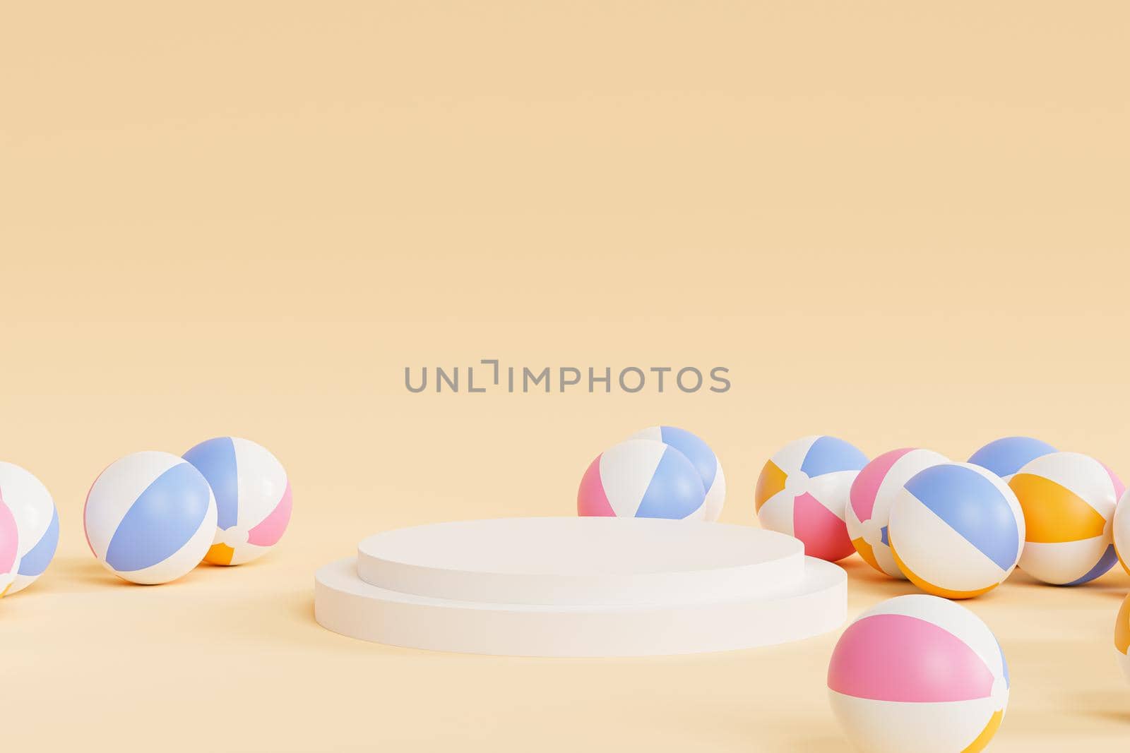 Podium or pedestal for products or advertising with inflatable beach balls, summer minimal 3d illustration render