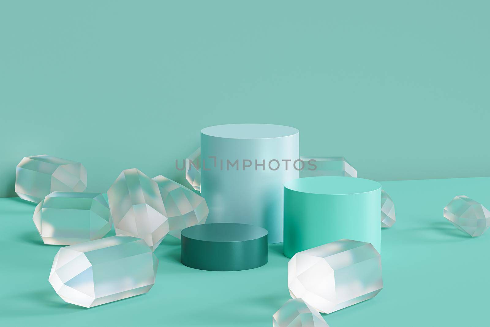 Green mint podiums or pedestals for products or advertising with glass crystals on pastel background, minimal 3d illustration render by Frostroomhead