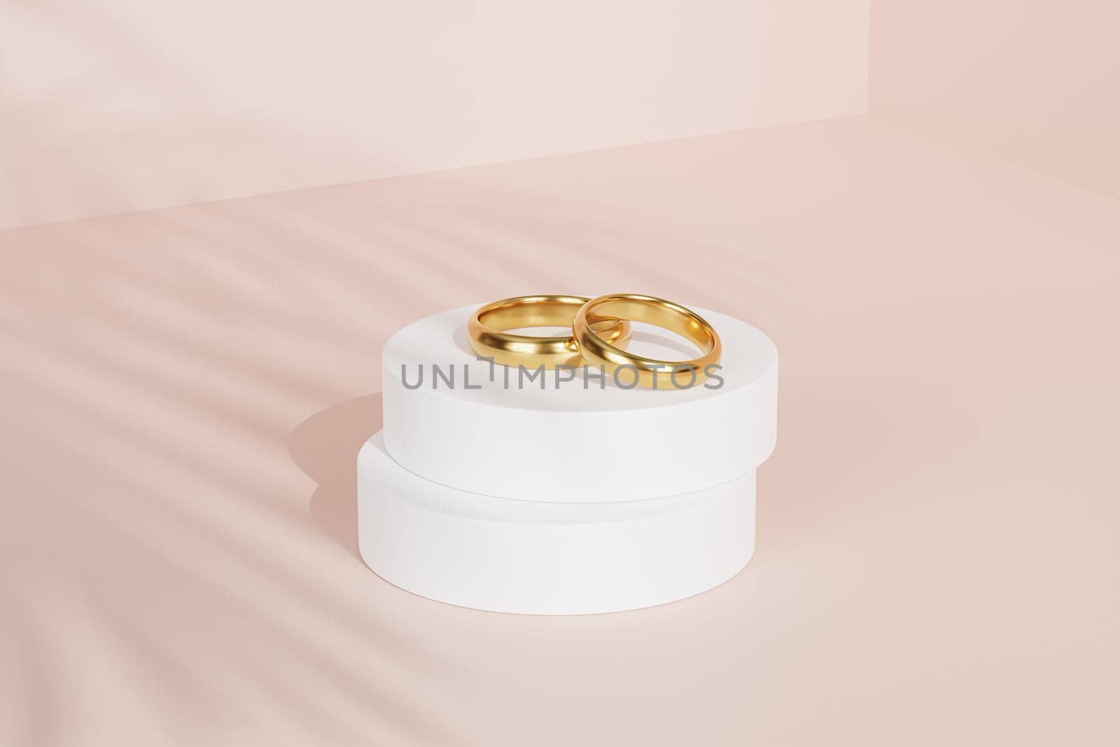 Two golden wedding rings on white podium or pedestal, beige background with tropical leaf shadow, 3d render