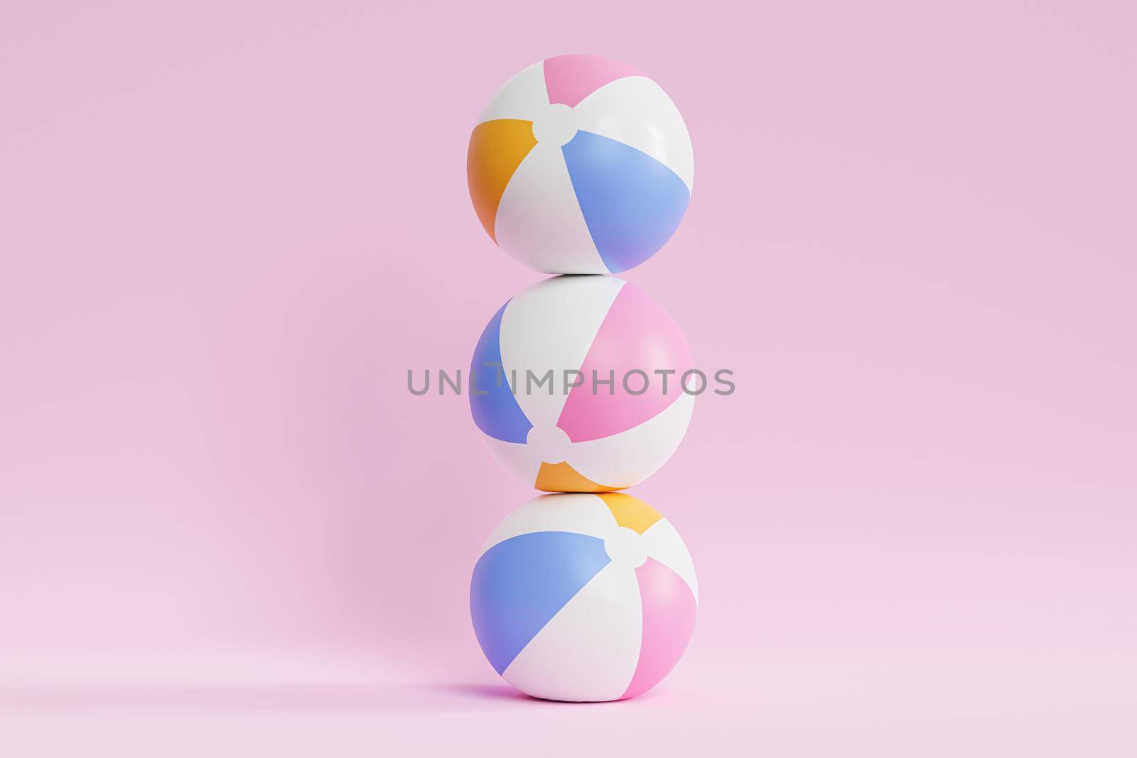Summer pink background with inflatable beach balls, minimal 3d illustration render