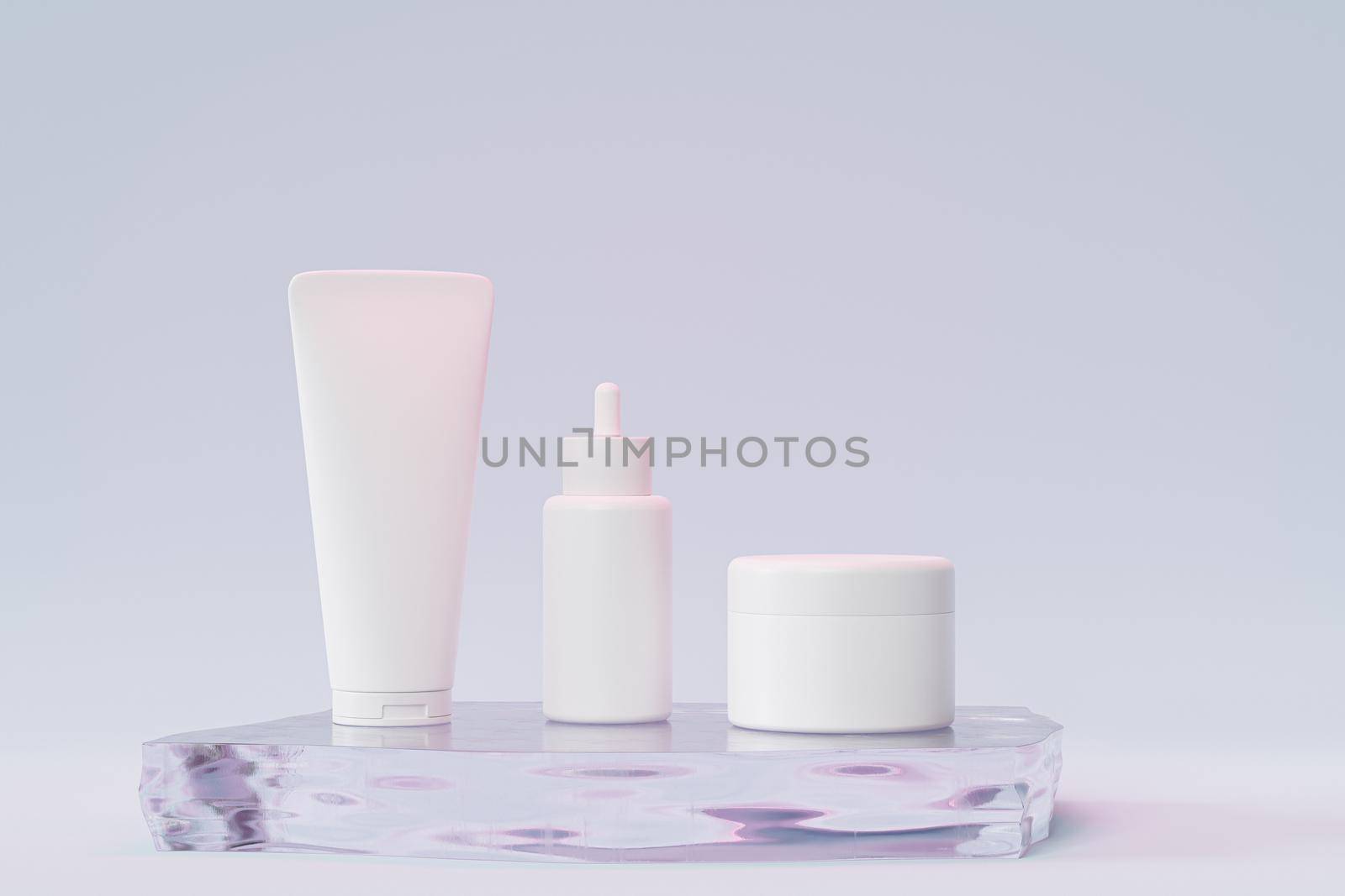 Mockup dropper bottle, lotion tube and cream jar for cosmetics products or advertising on glass podium, 3d illustration render