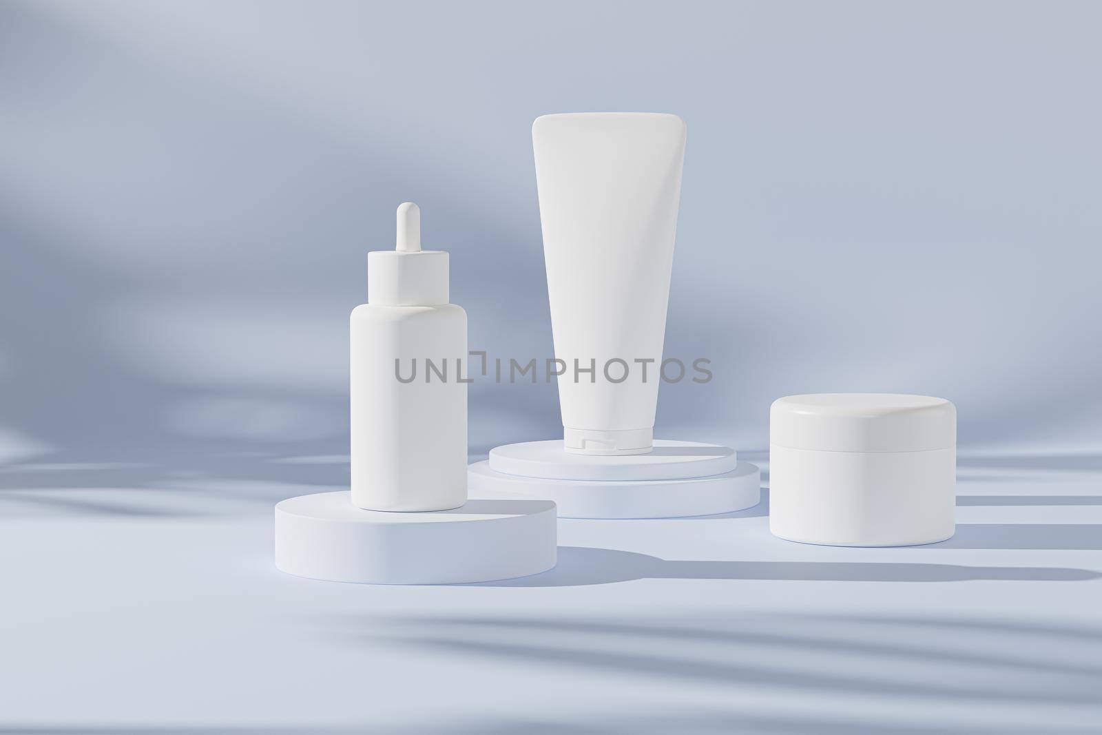 Mockup dropper bottle, lotion tube and cream jar for cosmetics products or advertising on neutral blue background, 3d illustration render by Frostroomhead