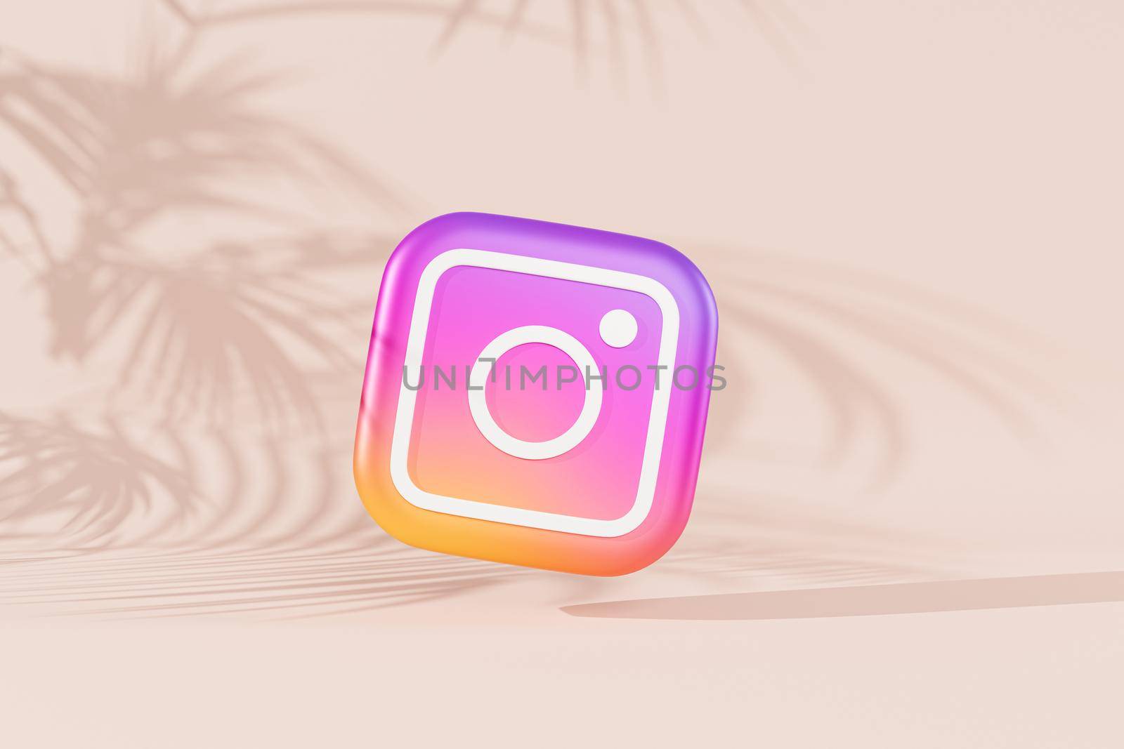 Melitopol, Ukraine - May 26 2021:  Instagram logo icon, photography social media app, beige background with tropical leaves shadows, 3d render