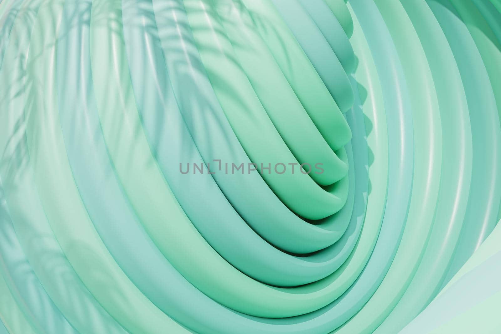 Abstract geometric background with rings or circles in pastel green colors with tropical leaf shadow, 3d render