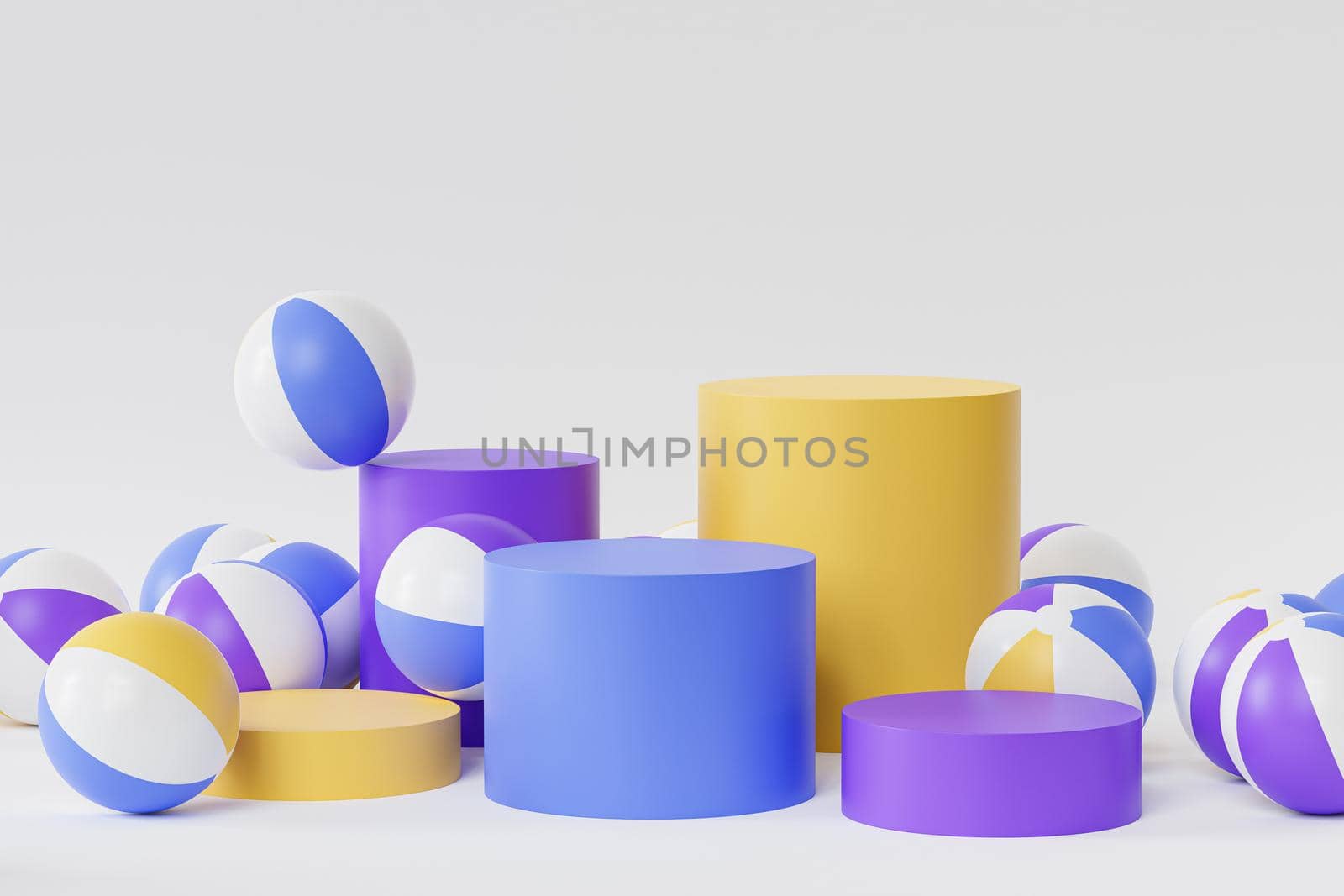 Colorful podiums or pedestals for products or advertising with inflatable beach balls, minimal 3d illustration render