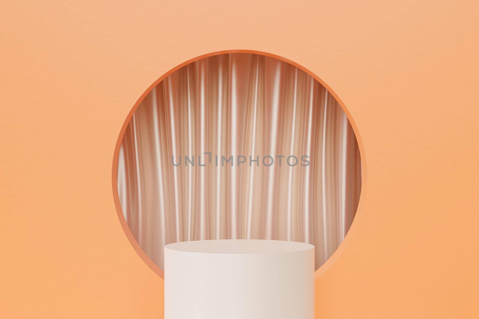 Beige podium or pedestal for products or advertising on pastel orange background with curtains in round cutout, 3d render