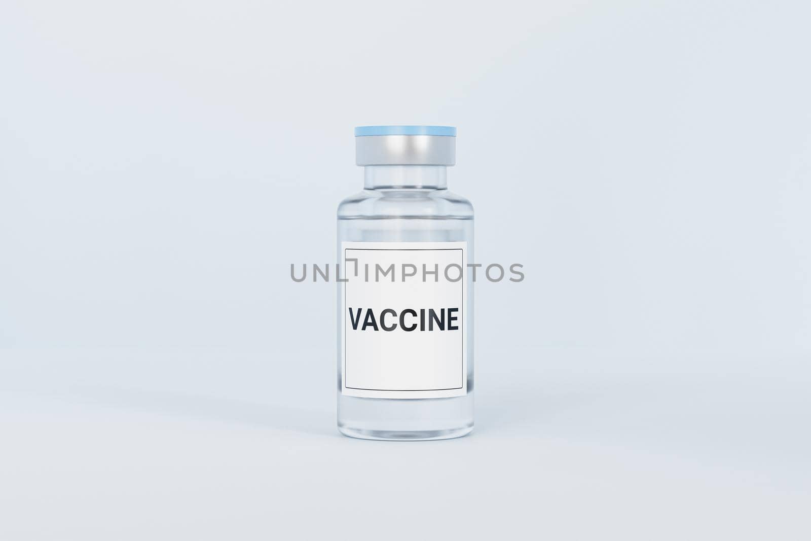 Vaccine ampoule glass bottle with label isolated on bright background, 3d rendering