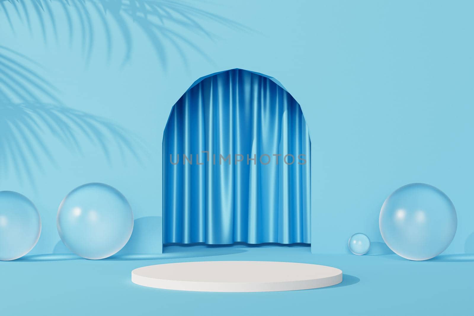 White podium or pedestal for products or advertising near to blue empty entrance with curtains and tropical leaf shadows. 3D minimal rendering.