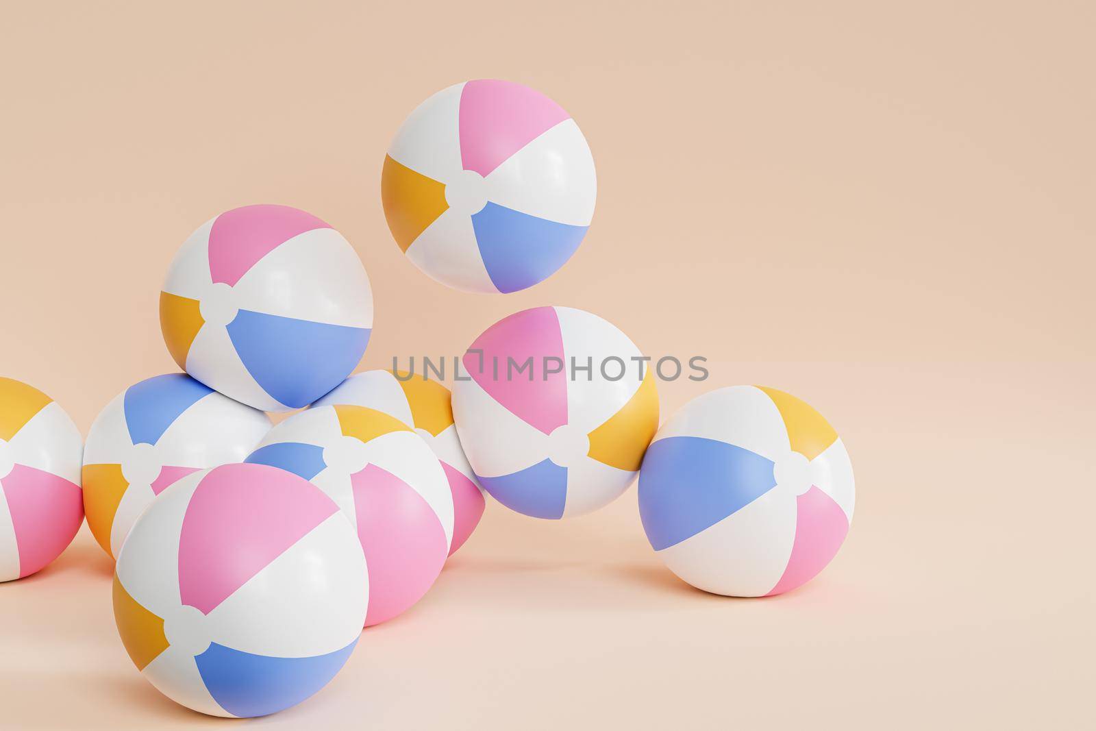 Summer beige background with inflatable beach balls, minimal 3d illustration render by Frostroomhead