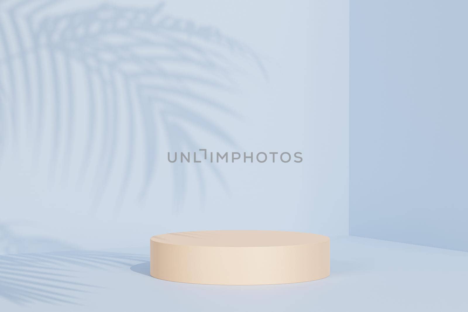 Beige podium or pedestal for products or advertising on pastel blue background with tropical leaf shadow, minimal 3d render by Frostroomhead