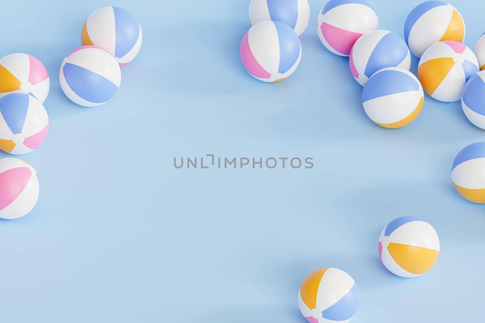 Summer copy space background with inflatable beach balls, minimal 3d illustration render
