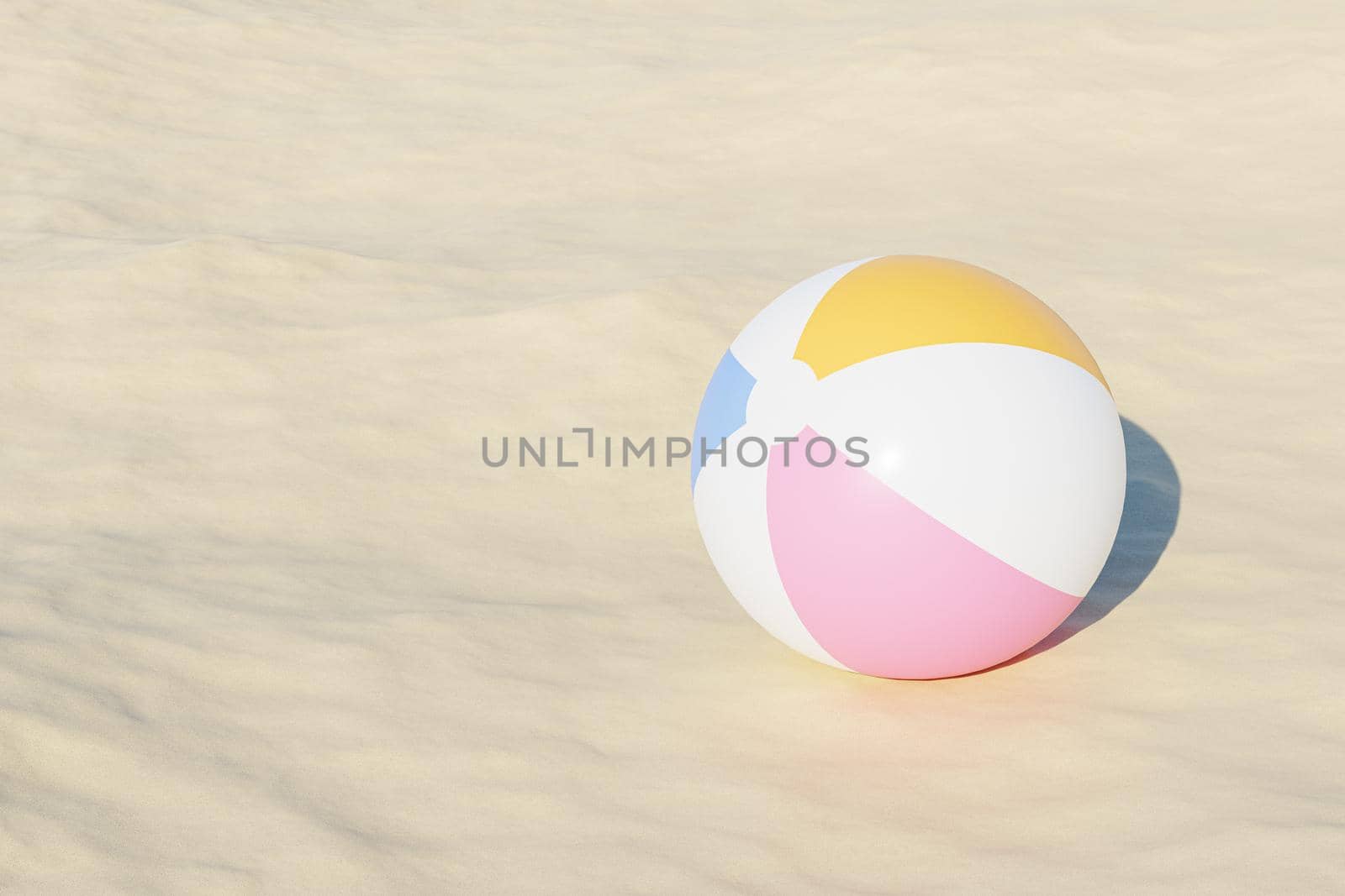 Summer vacations background with inflatable beach balls and sand, copy space, 3d illustration render by Frostroomhead