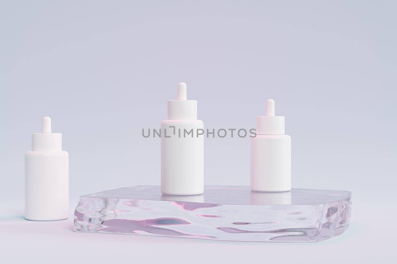 Mockup dropper bottles for cosmetics products or advertising on glass podium, 3d illustration render