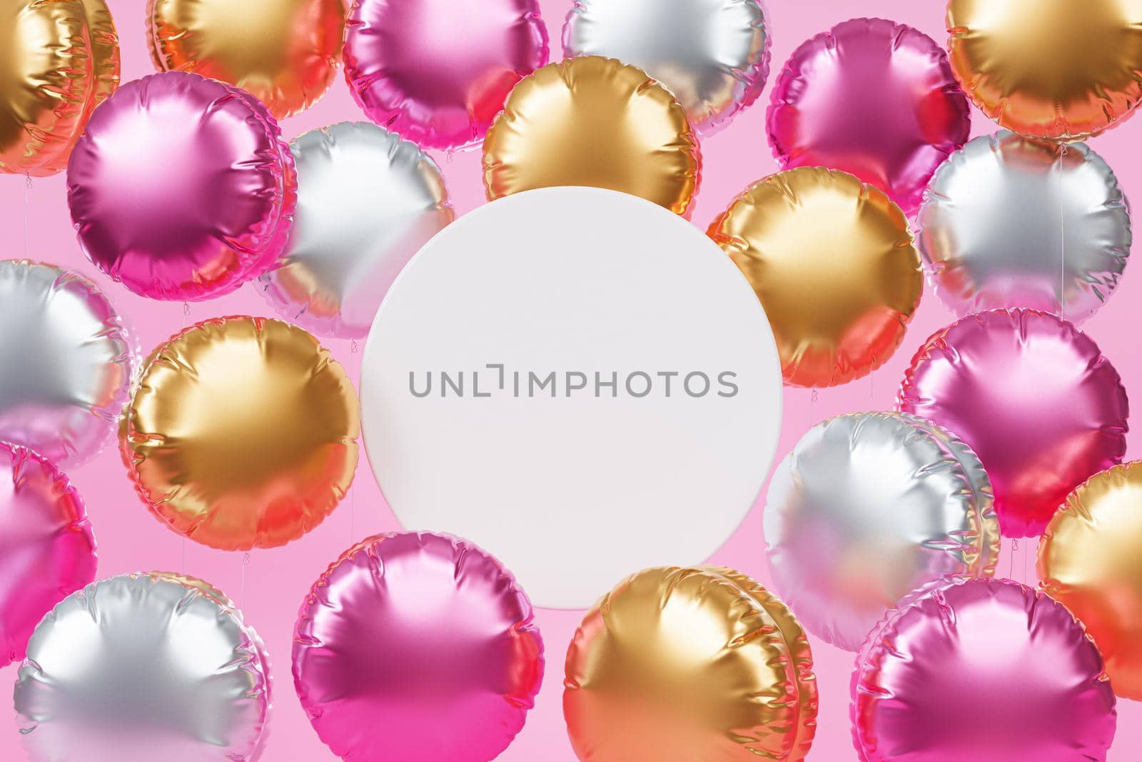 Shiny colorful balloons with copy space, pink background for party, birthday, celebration or holiday, 3d realistic render