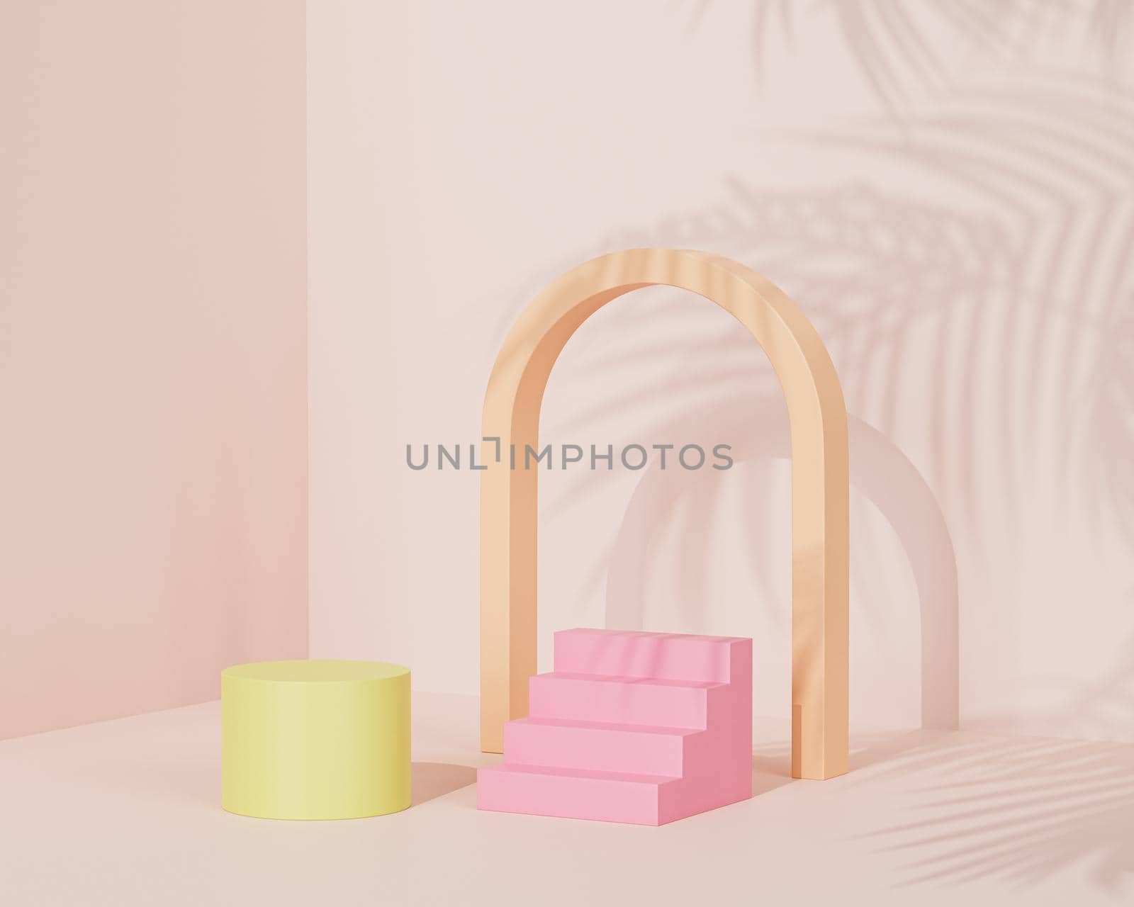 Podium or pedestal with arch and stairs for products or advertising on pastel beige background with tropical leaf shadow, 3d illustration render