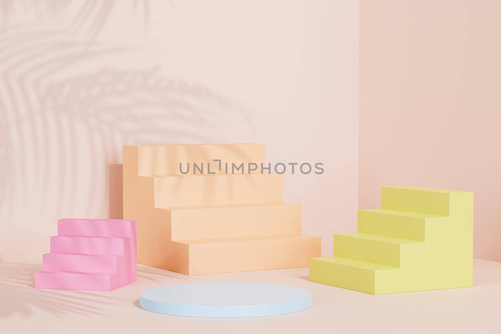Podium or pedestal with stairs for products or advertising on pastel beige background with tropical leaf shadow, 3d illustration render by Frostroomhead