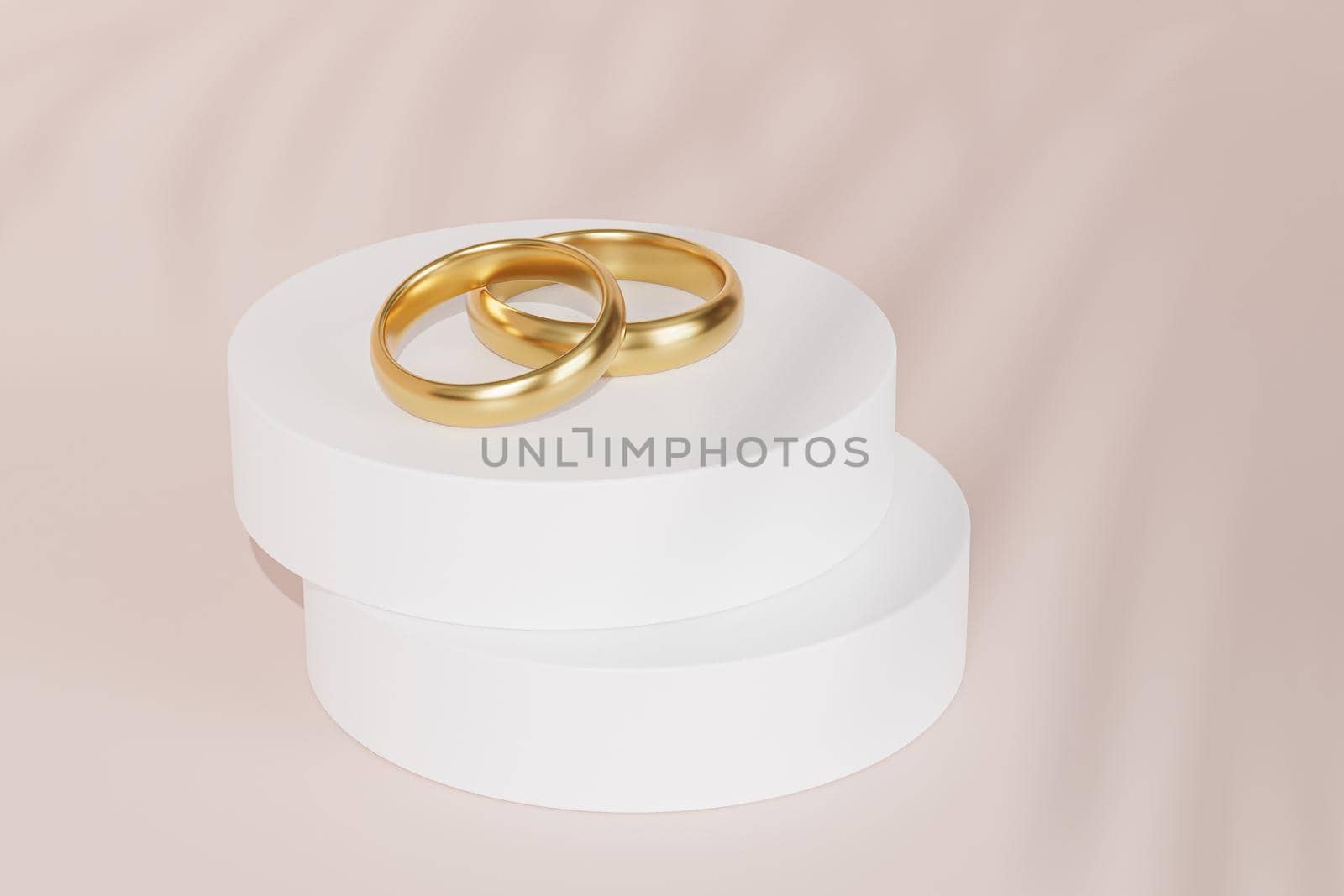 Two golden wedding rings on white podium or pedestal, beige background with leaf shadow, 3d render