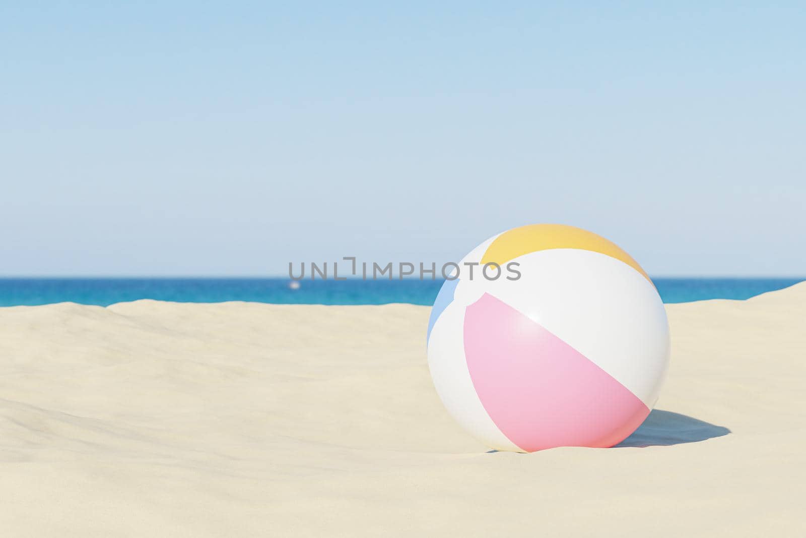 Summer vacations background with inflatable beach balls and sand, copy space, 3d illustration render by Frostroomhead