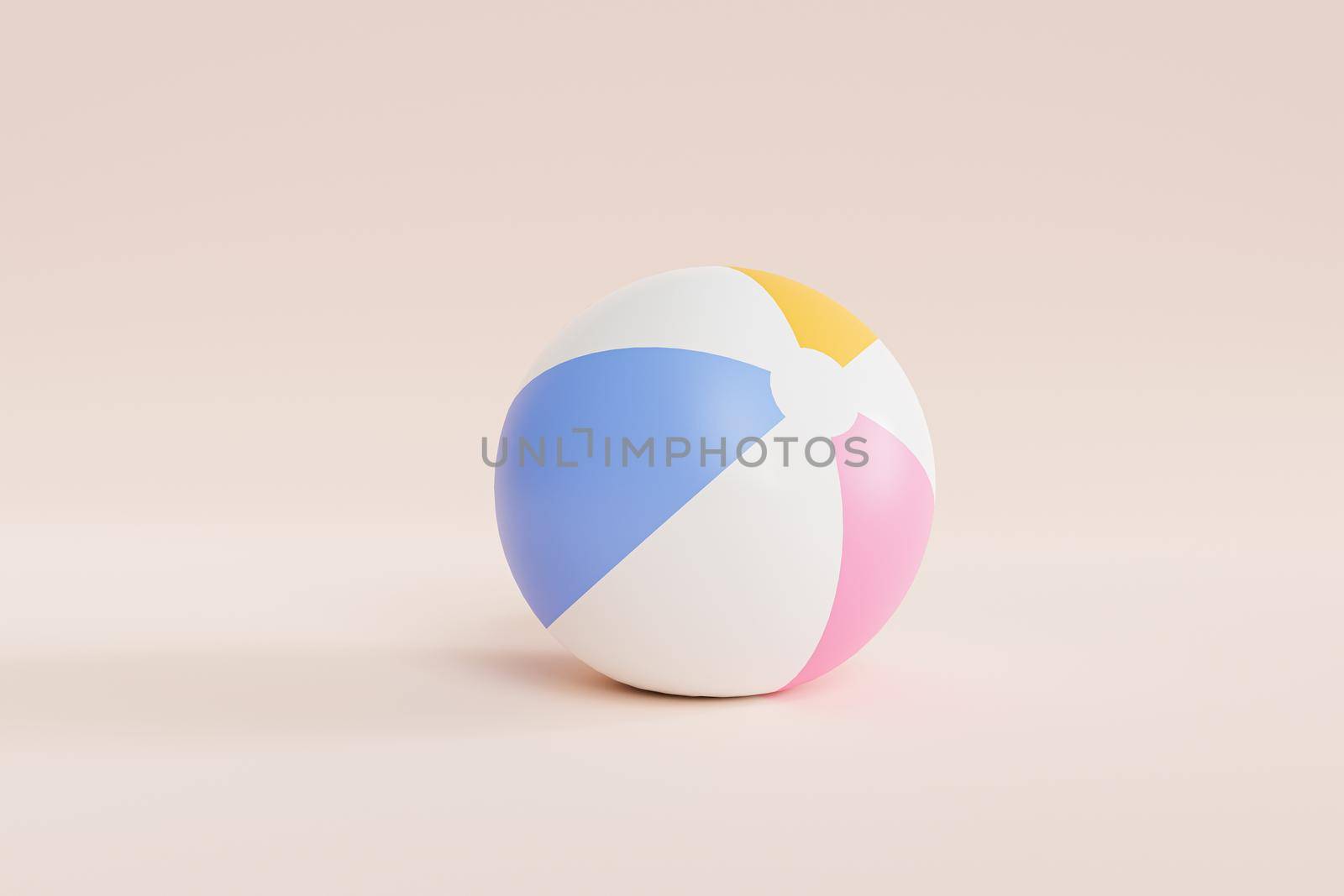 Summer beige background with inflatable beach ball, minimal 3d illustration render