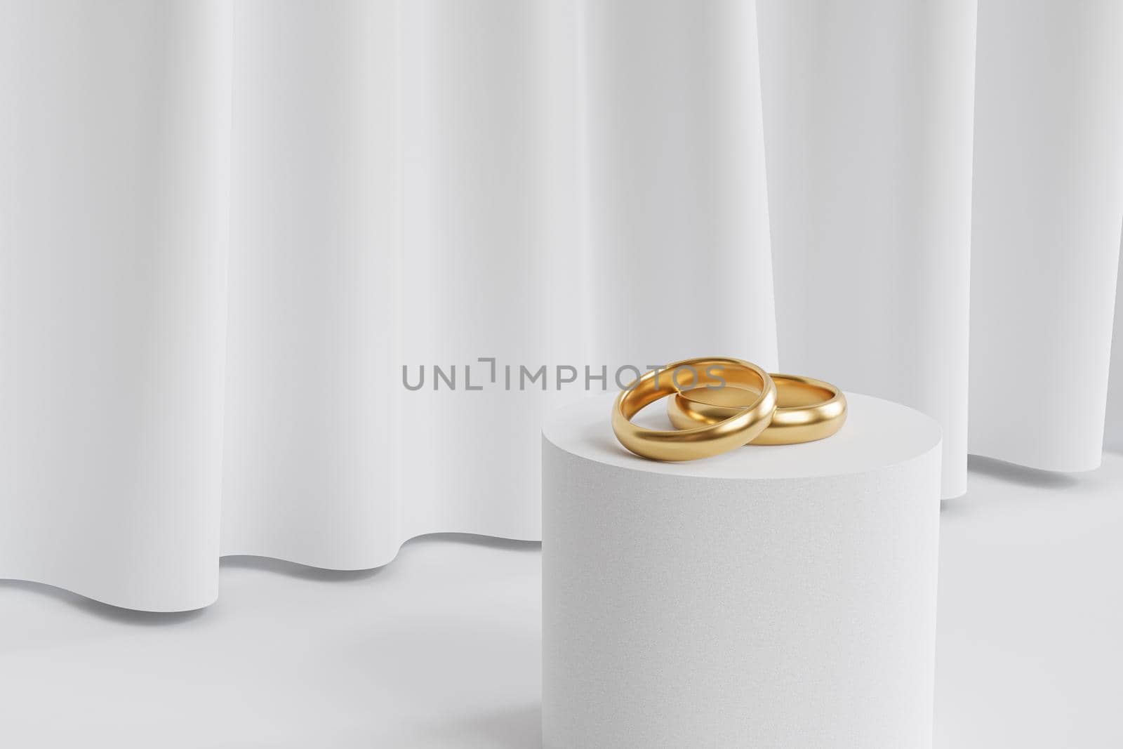 Two golden wedding rings on podium or pedestal, background with white curtains, 3d render